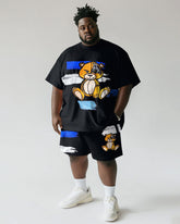 Men's Plus Size Street Black Graffiti Bear Print Short Sleeve T-Shirt Shorts Suit
